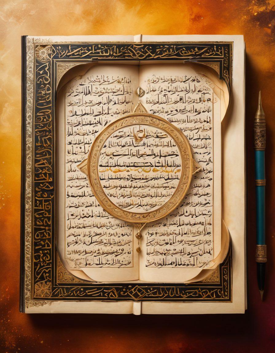 An open ancient Arabic grammar book with intricate calligraphy and golden accents, surrounded by floating letters and grammar symbols in a celestial background. The scene reflects a sense of discovery and learning, with warm hues representing knowledge and wisdom. Include a vintage ink quill and parchment for added authenticity. painting. vibrant colors. mystical atmosphere.