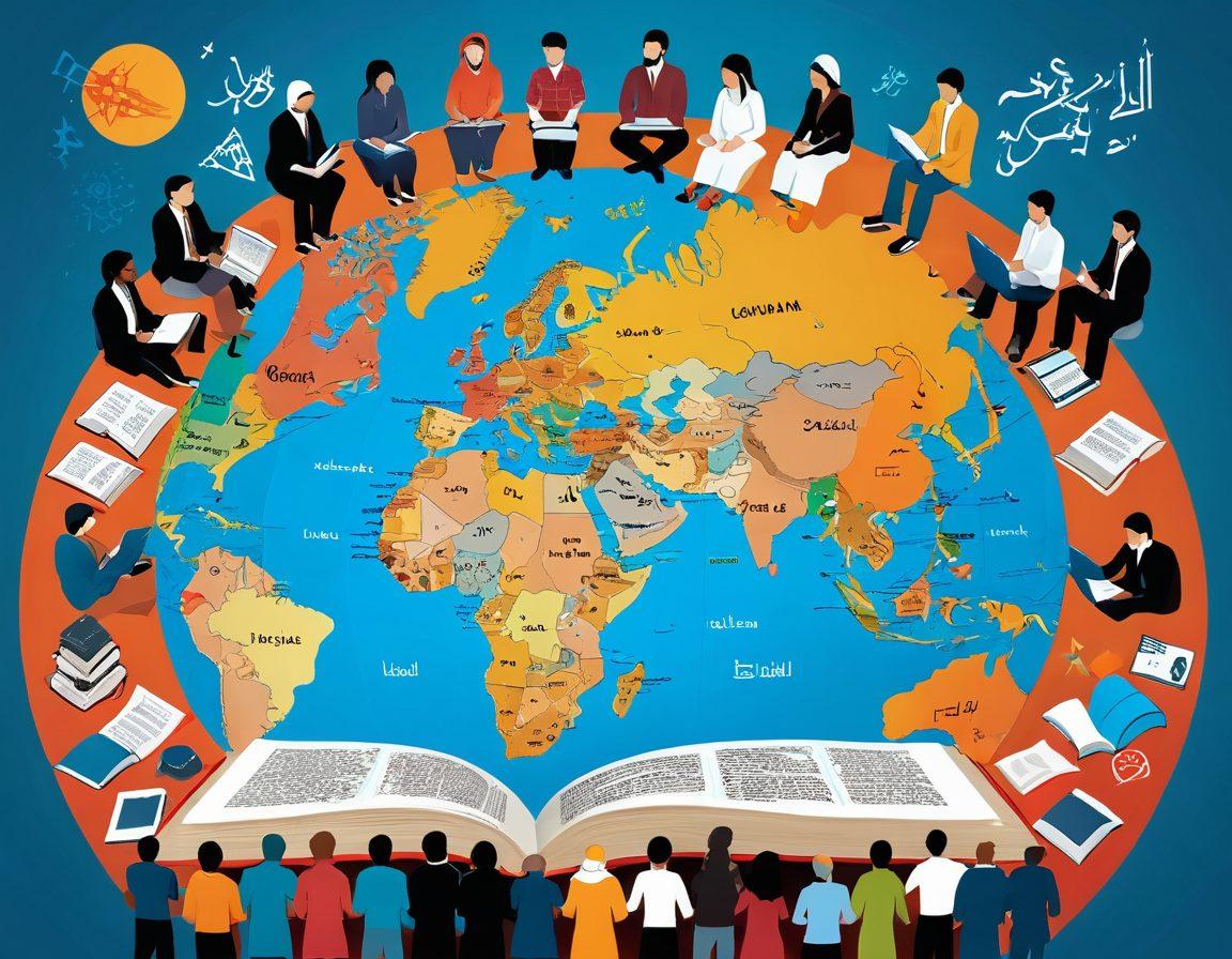 A visually engaging scene featuring a diverse group of people gathered around a large book on Arabic grammar, with floating icons of grammar rules, vocabulary, and creative resources. In the background, a colorful world map highlights Arabic-speaking countries, symbolizing cultural unity. The atmosphere is filled with inspiration and learning, showcasing open books, laptops, and notes scattered around. super-realistic. vibrant colors. educational theme.