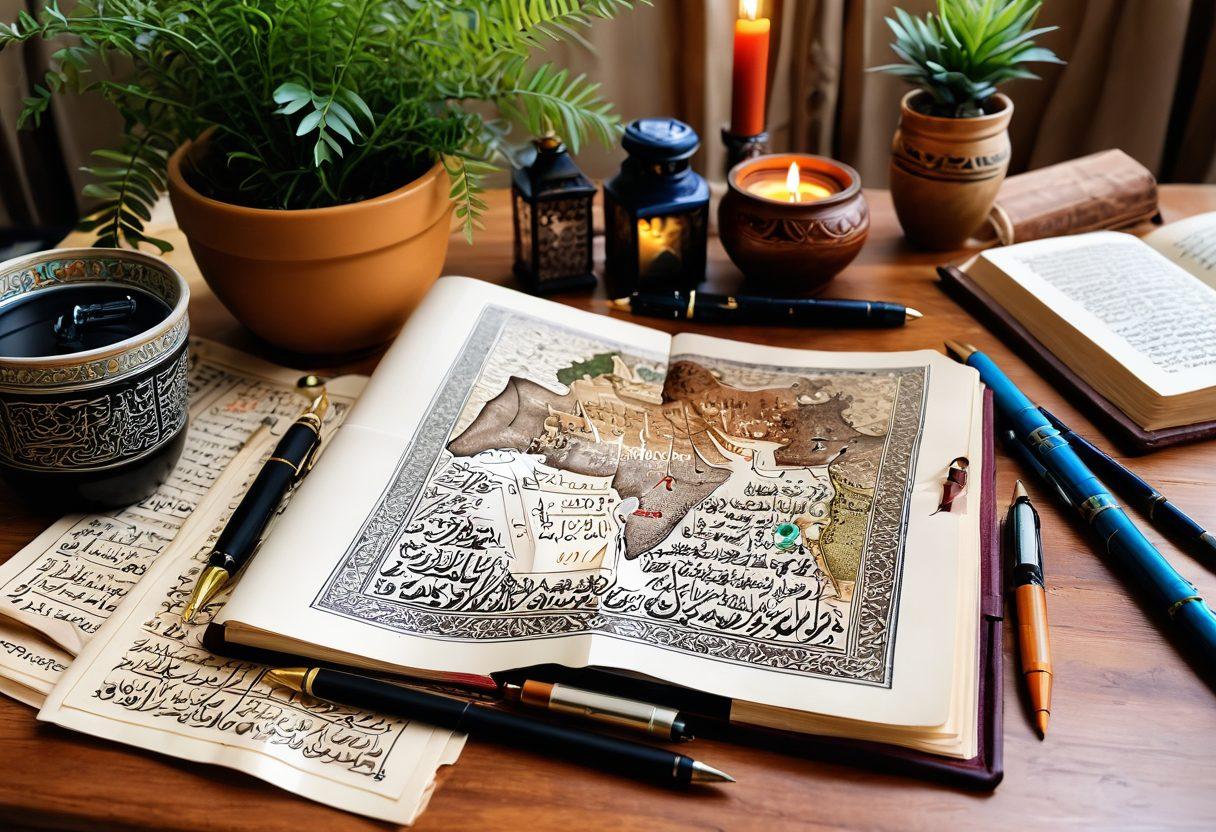 A beautifully arranged desk with Arabic calligraphy tools such as pens, ink, and parchment, alongside an open book showing Arabic syntax and sections on composition. In the background, a vibrant map of the Middle East highlights prominent Arabic-speaking regions, while lush potted plants add warmth. Soft, golden lighting enhances the scholarly atmosphere. The overall composition invites curiosity about the language and its art. super-realistic. vibrant colors. warm lighting.